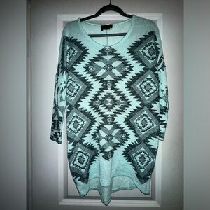 Mint blue and black knit tunic sweater top - long sleeves - large
